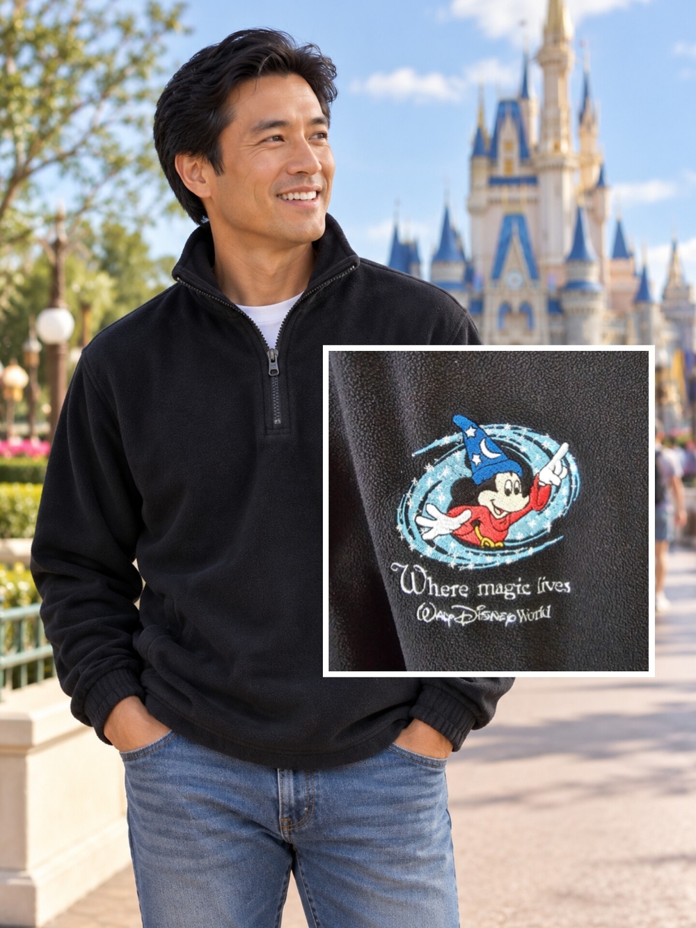 Disney World Sorcerer Mickey Embroidered XXL Black Quarter Zip Fleece Pullover